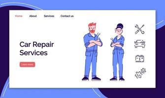 auto reparatie service bestemmingspagina vector sjabloon. auto workshop website-interface met platte illustraties. lay-out van de startpagina voor auto-onderhoud. auto technicus webbanner, webpagina cartoon concept