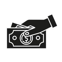 betaling met contant glyph-pictogram. hand met dollar biljetten. geld omzet. klant die voor producten betaalt. omkoping en corruptie. silhouet symbool. negatieve ruimte. vector geïsoleerde illustratie