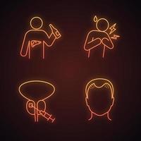 mannen gezondheid neon licht pictogrammen instellen. gloeiende borden. prostaatbiopsie, leverkanker, hartaanval, haaruitval. myocardinfarct, alcoholisme, diagnostiek van prostaatkanker. geïsoleerde vectorillustraties vector