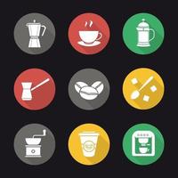 koffie platte ontwerp lange schaduw iconen set. espressomachine, klassiek koffiezetapparaat, dampende mok op bord, franse pers, turkse cezve, lepel met suikerklontjes, handmolen. vector silhouet illustratie