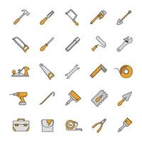 bouw tools gekleurde pictogrammen instellen. renovatie en reparatie instrumenten. sleutel, schop, hamer, kwast, meetlint, beitel, koevoet. geïsoleerde vectorillustraties vector