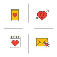 Valentijnsdag gekleurde pictogrammen instellen. 14 februari kalender, smartphone dating app, liefdesbrief, hart met in elkaar grijpende mars en venus symbolen. geïsoleerde vectorillustraties vector