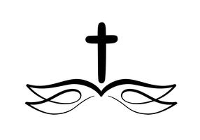 Vectorillustratie van christelijk logo. Embleem met Kruis en Heilige Bijbel. Religieuze gemeenschap. Ontwerpelement voor poster, logo, badge, teken