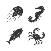 zeedieren glyph pictogrammen instellen. zwemmende tonijn, krab, zeepaardje, kwallen. menu van visrestaurants. mariene fauna. onderzeese wereldbewoners. silhouet symbolen. vector geïsoleerde illustratie
