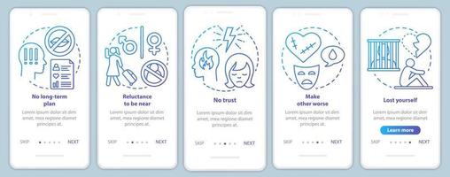 relatie verbreken borden onboarding mobiele app paginascherm met lineaire concepten. geen lange termijn plan walkthrough stappen grafische instructies. ux, ui, gui vectorsjabloon met illustraties vector