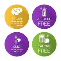 product gratis ingrediënt plat ontwerp lange schaduw glyph iconen set. geen suiker, pesticide, ggo, calorieën. biologisch gezond voedsel. dieet zonder allergenen en zoetstoffen. vector silhouet illustratie