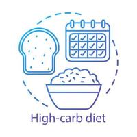 high carb dieet, vegetarisch voedingsconcept icoon. veganistische levensstijl idee dunne lijn illustratie. gezonde voeding, gewichtsverlies. rijstkom, vers brood en kalender vector geïsoleerde overzichtstekening