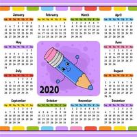 potlood met gum. kalender voor 2020 met een schattig karakter. leuk en helder ontwerp. geïsoleerde kleur vectorillustratie. cartoon-stijl. vector