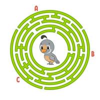 cirkel doolhof. spel voor kinderen. puzzel voor kinderen. rond labyrint raadsel. kwartel vogel. kleur vectorillustratie. de juiste weg vinden. onderwijs werkblad. vector