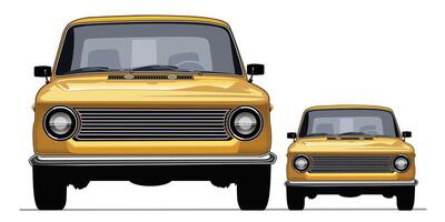 twee klassiek wijnoogst auto in yelow kleur vector illustratie geïsoleerd Aan wit achtergrond.