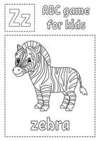 letter z is voor zebra. abc-spel voor kinderen. alfabet kleurplaat. stripfiguur. woord en letter. vectorillustratie. vector