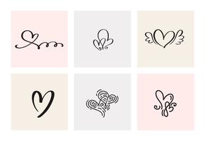 Set van zes vintage Vector Valentijnsdag Hand getrokken kalligrafische hart. Kalligrafie belettering illustratie. Vakantie ontwerp valentijn. Icoon liefdes decor voor web, bruiloft en print. Geïsoleerd