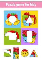 puzzelspel voor kinderen. knippen en plakken. kerst thema. snijden praktijk. vormen leren. onderwijs werkblad. cirkel, vierkant, rechthoek, driehoek. activiteiten pagina. stripfiguur. vector