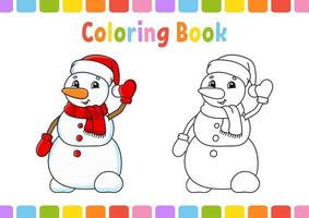 kleurboek voor kinderen. leuke sneeuwpop. stripfiguur. vectorillustratie. fantasie pagina voor kinderen. zwarte contour silhouet. geïsoleerd op een witte achtergrond. vector