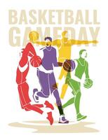 vier basketbal atleten in beweging poseert. kleurrijk silhouetten. professioneel bij elkaar passen poster folder ontwerp. vector vlak illustratie