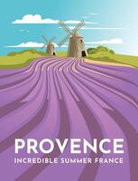 provence lavendel velden en windmolens. klassiek landschap van Frankrijk. toerisme en reizen. poster ontwerp. vector illustratie.