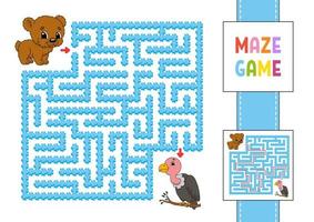grappig vierkant doolhof. spel voor kinderen. beer en gier. puzzel voor kinderen. labyrint raadsel met karakter. kleur vectorillustratie. de juiste weg vinden. met antwoord. vector