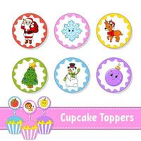 cupcake toppers. set van zes ronde foto's. kerst thema. stripfiguren. schattig beeld. voor verjaardag, feest, babyshower. vector