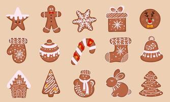 Kerstmis peperkoek koekje. reeks van winter eigengemaakt biscuits in de het formulier van verschillend tekens en vakantie artikelen. illustratie voor achtergronden en verpakking. geïsoleerd Aan wit achtergrond. vector