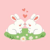 twee konijnen in liefde zittend samen. romantisch knaagdieren paar Aan de gras met kamilles en harten. vector vlak illustratie voor valentijnsdag dag poster, banier, groet kaart