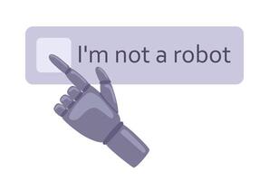 robot hand- klikken Aan captcha - ik ben niet een robot. omzeilen captcha, anti captcha, oplossen onderhoud, kunstmatig intelligentie- concept. robot prothese, cyborg. vector illustratie in hand- getrokken stijl