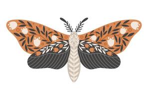 mot icoon met ornament van bloemen en bladeren. wijnoogst mystiek mot of vlinder. vliegend hemel- insect, vector illustratie