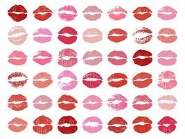 kus merken in roze en rood kleuren. reeks van lip prints voor Valentijnsdag dag, kus dag, liefde, en schoonheid thema's. lippenstift afdrukken, bedenken vector illustratie.