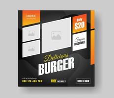 hamburger sociaal media plein grootte banier ontwerp voor uw snel voedsel restaurant menu bedrijf Promotie, heerlijk hamburger voedsel menu post lay-out ontwerp met helling vormen. vector