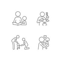 familie bonding tijd lineaire pictogrammen instellen. verhalen vertellen met kind. kinderhaar borstelen. baby eerste stapjes. aanpasbare dunne lijncontoursymbolen. geïsoleerde vectoroverzichtsillustraties. bewerkbare streek vector