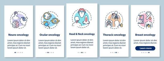 oncologie onboarding mobiele app paginascherm met concepten. kankerbehandeling vijf stappen grafische instructies. oculaire en thoracale oncologie. ui-vectorsjabloon met rgb-kleurenillustraties vector