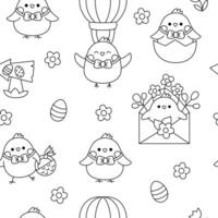 vector zwart en wit kawaii Pasen naadloos patroon voor kinderen met grappig kuikens. schattig voorjaar tekenfilm herhaling achtergrond of kleur bladzijde. digitaal papier met gekleurde eieren, vogels, heet lucht ballon