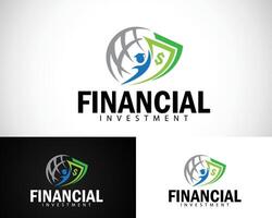 wereld financieel logo creatief investeren geld wereldbol ontwerp concept bedrijf groei markt vector