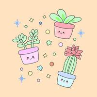 vector fabriek pot cactus met schattig gelaats uitdrukkingen en pastel kleur