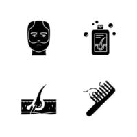 haaruitval zwarte glyph pictogrammen instellen op witruimte. man kalende behandeling. mannelijke alopecia. haarlokken op kam. beschadigde follikel. medische shampoo. silhouet symbolen. vector geïsoleerde illustratie