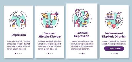 psychische stoornis onboarding mobiele app paginascherm met concepten. psychologische problemen walkthrough vier stappen grafische instructies. depressie. ui-vectorsjabloon met rgb-kleurenillustraties vector