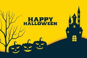 vlak gelukkig halloween geel achtergrond met pompoen en kasteel vector