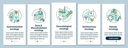 oncologie onboarding mobiele app paginascherm met concepten. kankerbehandeling vijf stappen grafische instructies. gastro-intestinale oncologie. ui-vectorsjabloon met rgb-kleurenillustraties vector
