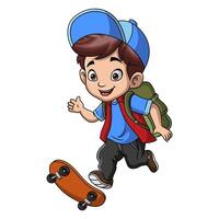 schattig weinig jongen tekenfilm spelen skateboard vector