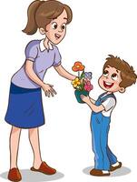 vector illustratie van kinderen geven bloemen naar haar moeder