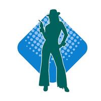 silhouet van een slank vrouw model- vervelend lang broek en fedora hoed in houding. vector