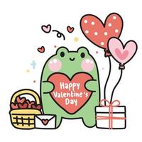 valentijnsdag dag.schattig kikker houden hart met geschenk doos en ballon Aan wit achtergrond.reptiel dier.cartoon karakter ontwerp.love.kawaii.vector.illustratie. vector