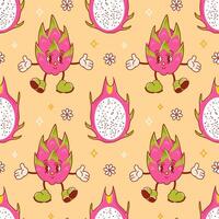 pitahaya schattig karakter. draak fruit groovy wijnoogst zomer naadloos patroon. modieus oud retro tekenfilm stijl. jaren 70. cactus. tropisch exotisch fruit, bladeren. gezond voedsel. voor menu, cafe, behang. vector