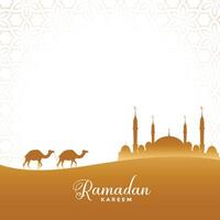 Ramadan kareem illustratie woestijn tafereel met kameel en moskee vector