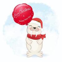 schattige walrus en rode ballon cartoon arctische dieren kerst illustratie vector