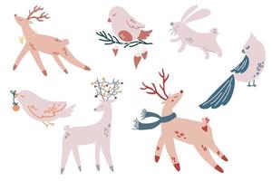 kerst dieren. herten, vogels, konijntjes. handgetekende karakters. wintervakantie seizoen nieuwjaar evenement. vectorillustratie. vector