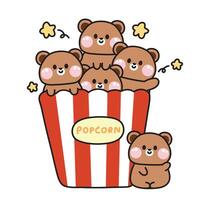 schattig beer popcorn met ster cartoon.wild dier karakter design.teddy.film.eten en snack.afbeelding voor kind product,sticker,kaart,decoratie.kunst.kawaii.vector.illustration. vector