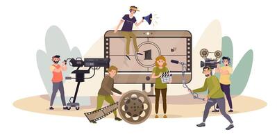 filmmaken, video industrie concept. video editor illustratie. beweging ontwerp, animatie. regisseur, ontwerpers, Editors, exploitanten. multimedia, zichtbaar inhoud maken. neiging Promotie. schieten. vector