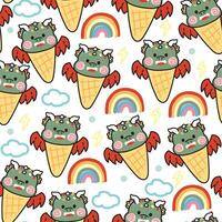 naadloos patroon van schattig groen draak ijs room met regenboog en wolk Aan wit achtergrond.chinees dier karakter tekenfilm ontwerp.zodiac.sweet en dessert.kawaii.vector.illustratie. vector