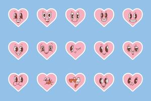 kawaii harten, reeks van schattig emoji pictogrammen, stickers. hand- getrokken emotioneel tekenfilm karakters. schattig liefde tekens met verschillend gezichten, grappig positief emoties. blauw achtergrond. vector