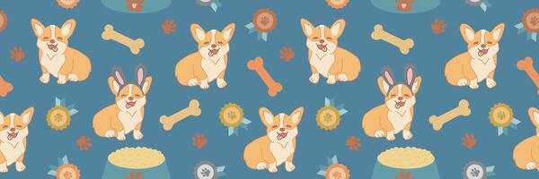 naadloos patroon met tekenfilm corgi hond patroon en medailles. vector illustratie Aan een blauw achtergrond.